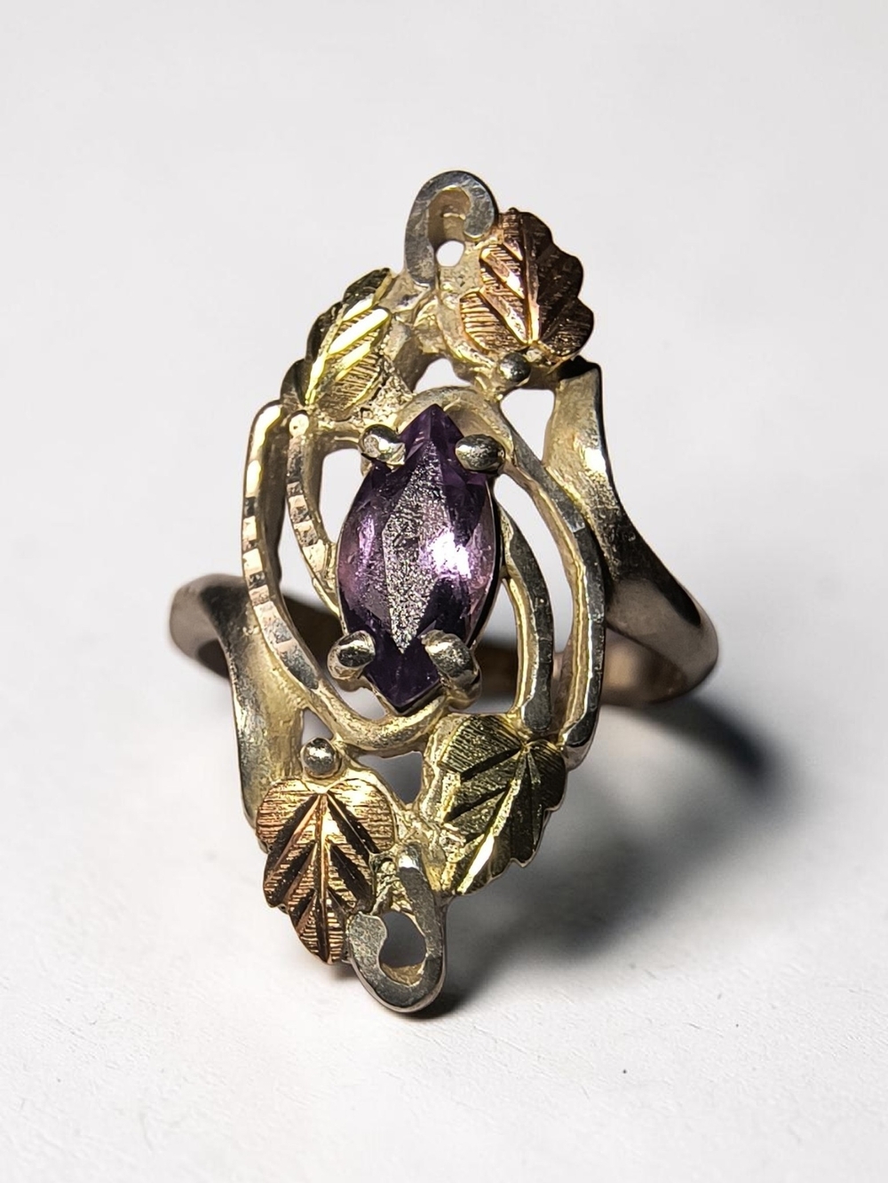 Vintage Coleman Co. Sterling And Amethyst Black Hills Gold Leaf Ring
